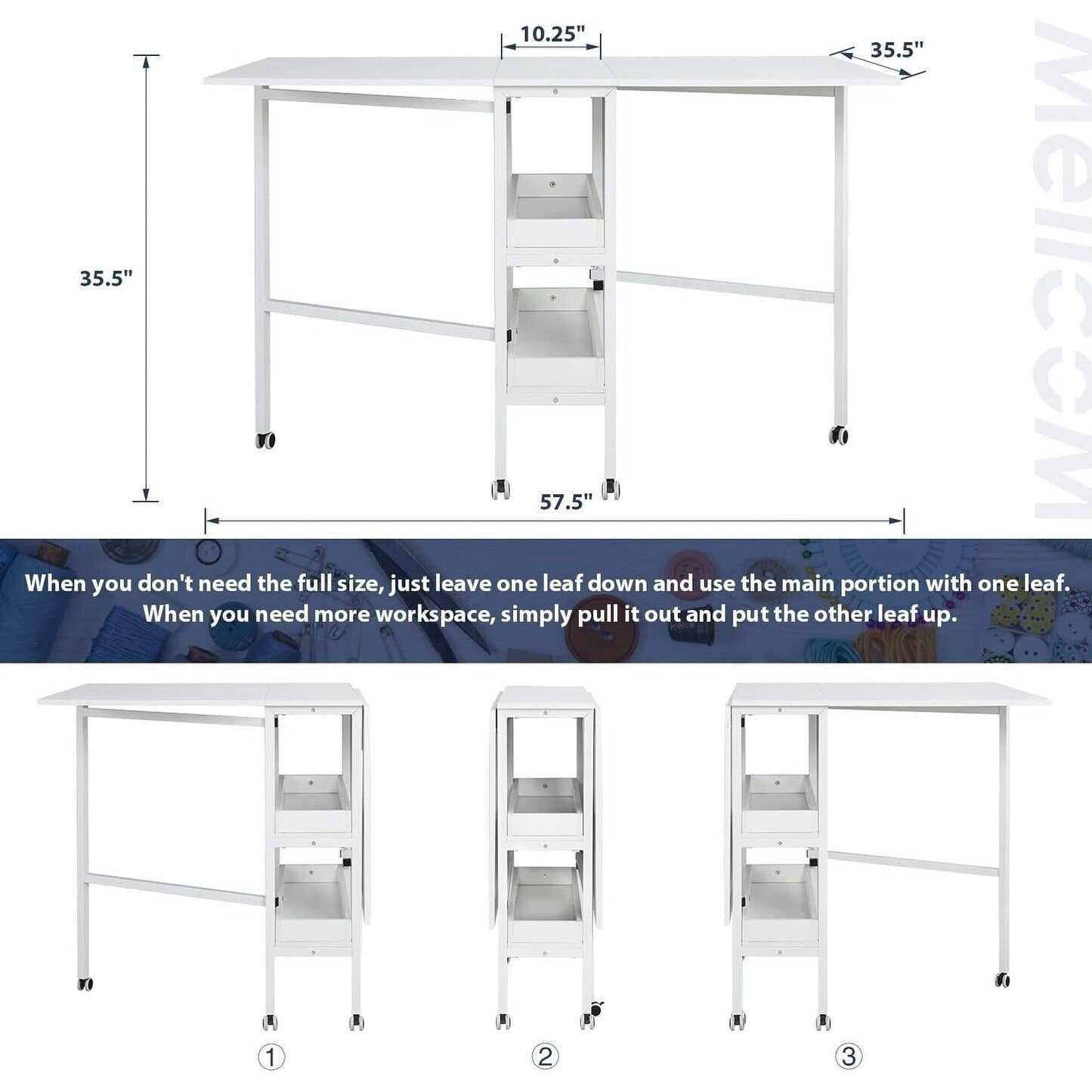 Table d'artisanat à hauteur réglable avec étagères de rangement, table de coupe pliable mobile pour maison, bureau, salle de couture, salle d'artisanat