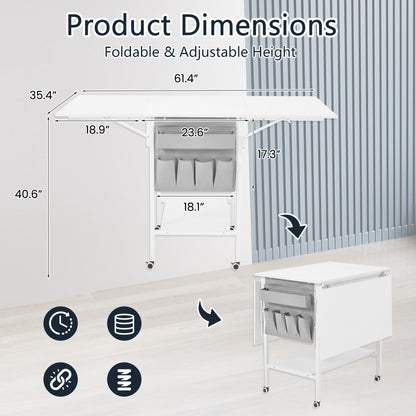 Table d'artisanat à hauteur réglable avec étagères de rangement, table de coupe pliable mobile pour maison, bureau, salle de couture, salle d'artisanat