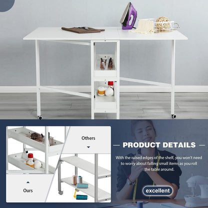 Table d'artisanat à hauteur réglable avec étagères de rangement, table de coupe pliable mobile pour maison, bureau, salle de couture, salle d'artisanat
