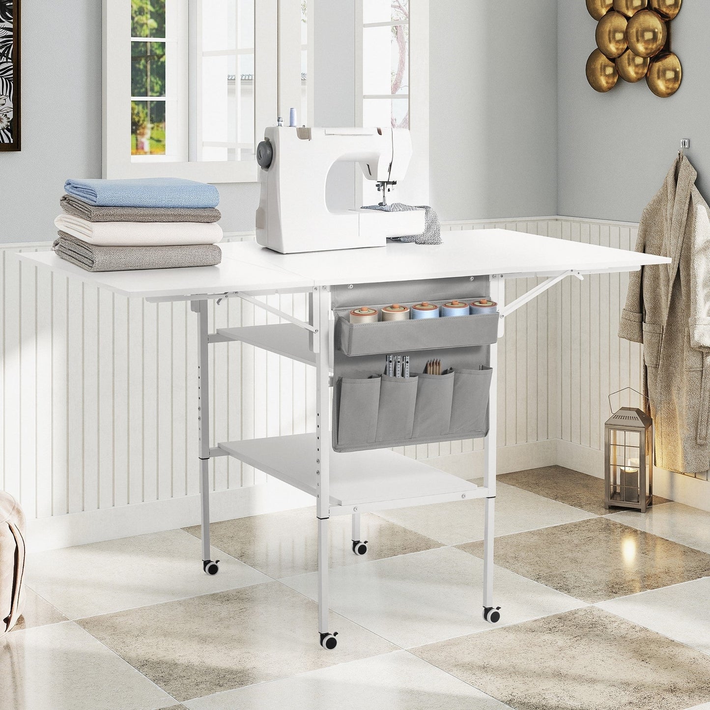 Table d'artisanat à hauteur réglable avec étagères de rangement, table de coupe pliable mobile pour maison, bureau, salle de couture, salle d'artisanat