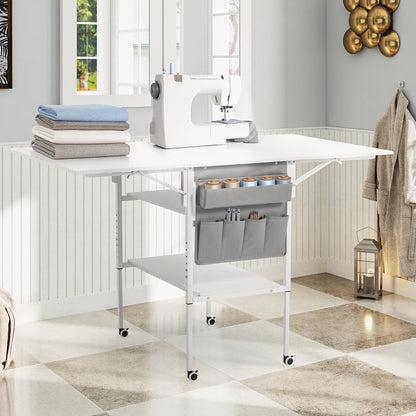 Table d'artisanat à hauteur réglable avec étagères de rangement, table de coupe pliable mobile pour maison, bureau, salle de couture, salle d'artisanat