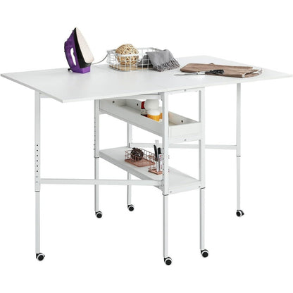 Table d'artisanat à hauteur réglable avec étagères de rangement, table de coupe pliable mobile pour maison, bureau, salle de couture, salle d'artisanat