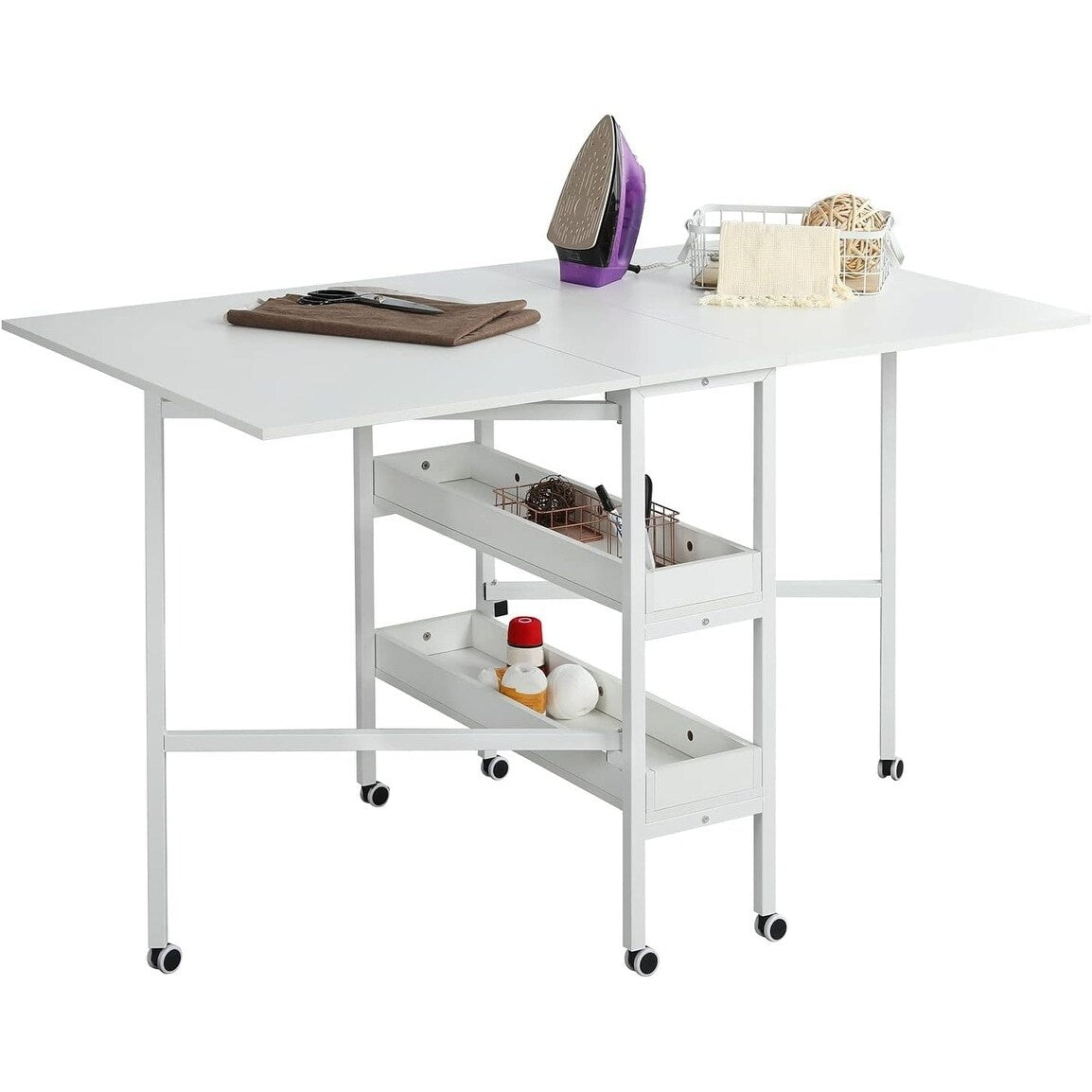 Table d'artisanat à hauteur réglable avec étagères de rangement, table de coupe pliable mobile pour maison, bureau, salle de couture, salle d'artisanat