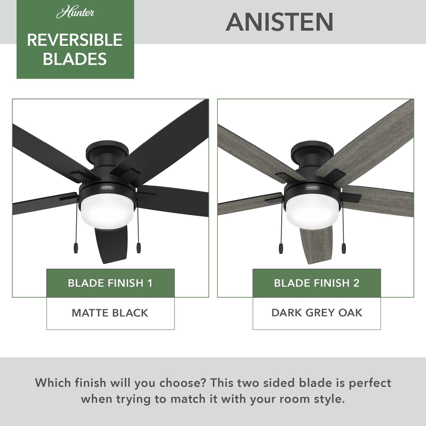 Ventilateur de plafond Hunter 52 Anisten à profil bas avec éclairage LED et cordon d'actionnement - Style moderne, contemporain, transitionnel