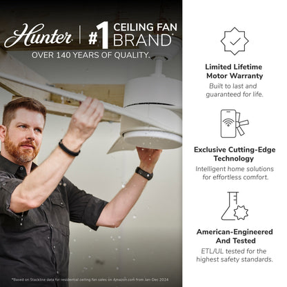 Ventilateur de plafond d'extérieur Hunter 52 Skyflow avec kit d'éclairage LED, commande murale - Style côtier, moderne et contemporain - WeatherMax - ÉQUIPEMENT POUR L'EXTÉRIEUR !