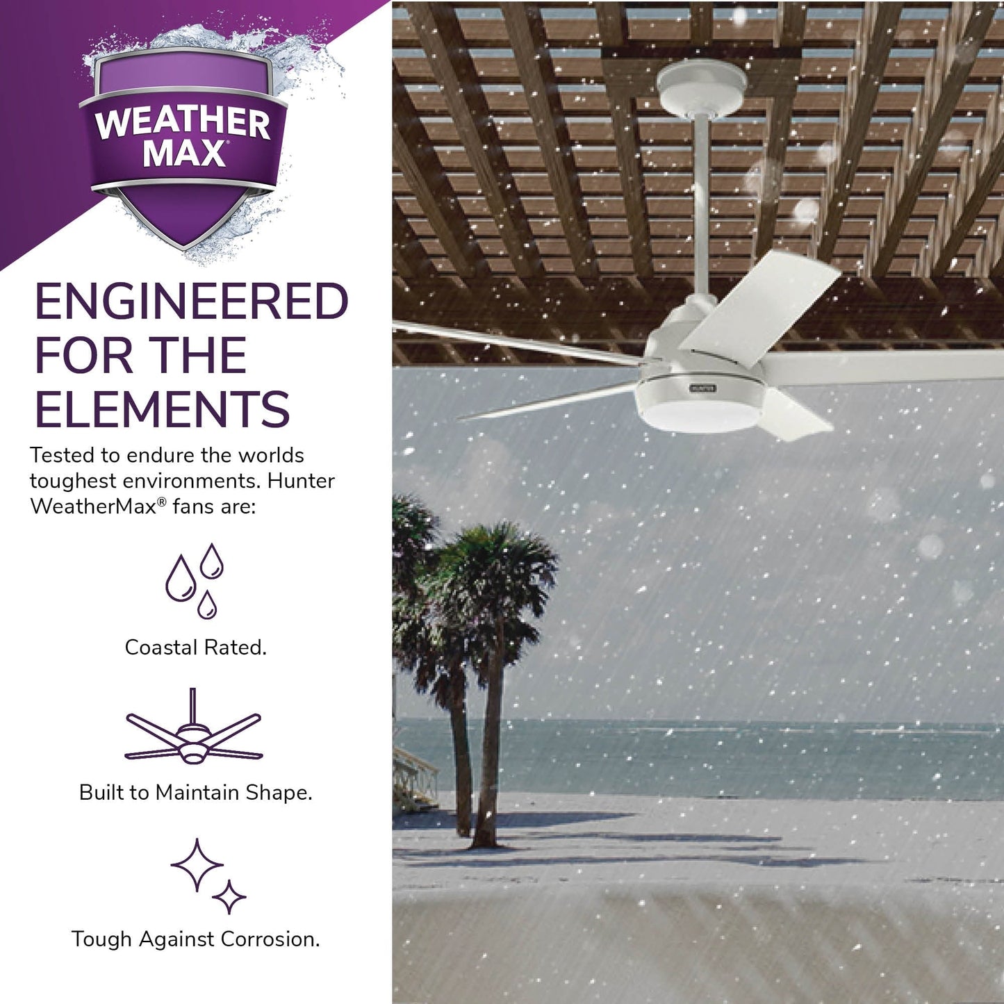 Ventilateur de plafond d'extérieur Hunter 52 Skyflow avec kit d'éclairage LED, commande murale - Style côtier, moderne et contemporain - WeatherMax - ÉQUIPEMENT POUR L'EXTÉRIEUR !