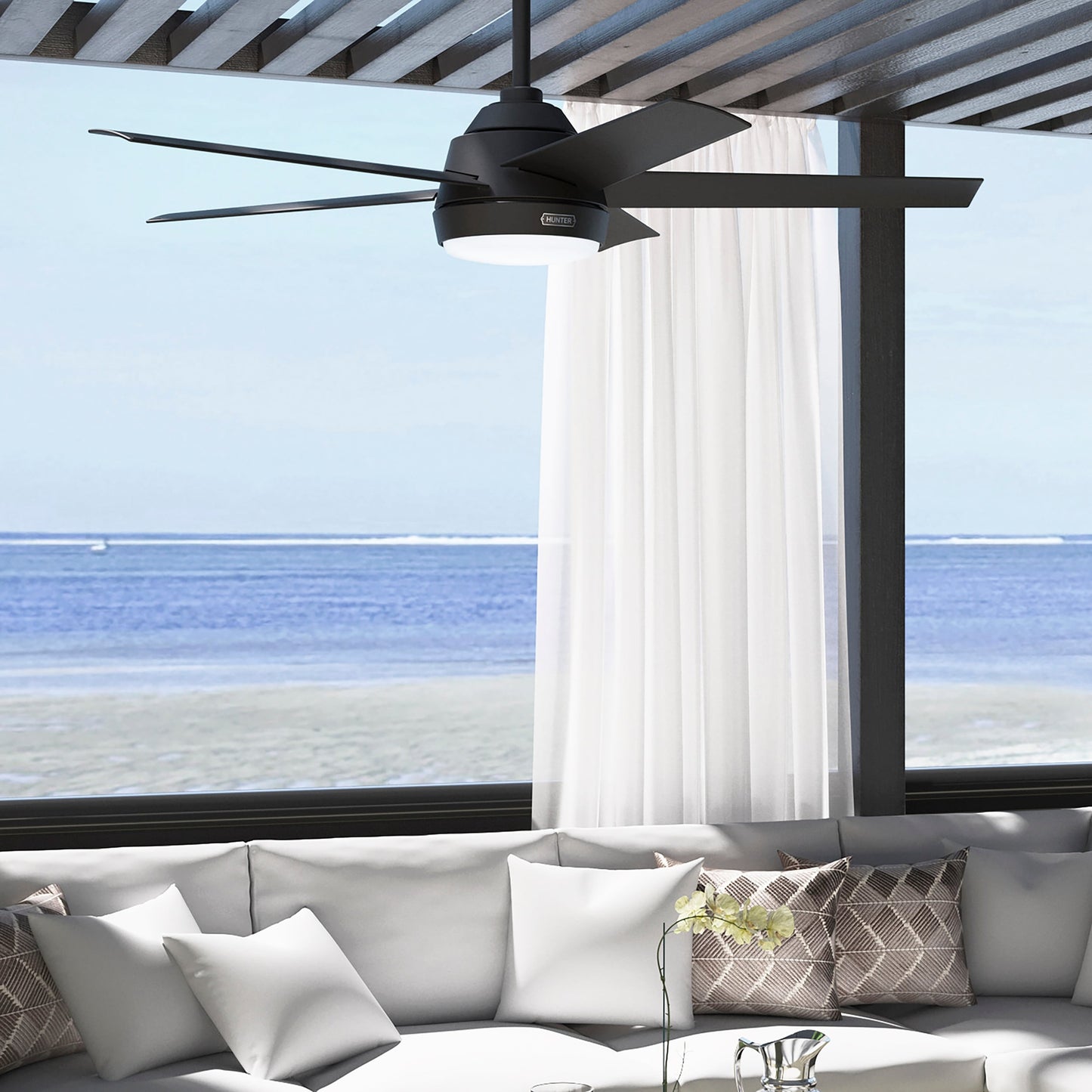 Ventilateur de plafond d'extérieur Hunter 52 Skyflow avec kit d'éclairage LED, commande murale - Style côtier, moderne et contemporain - WeatherMax - ÉQUIPEMENT POUR L'EXTÉRIEUR !