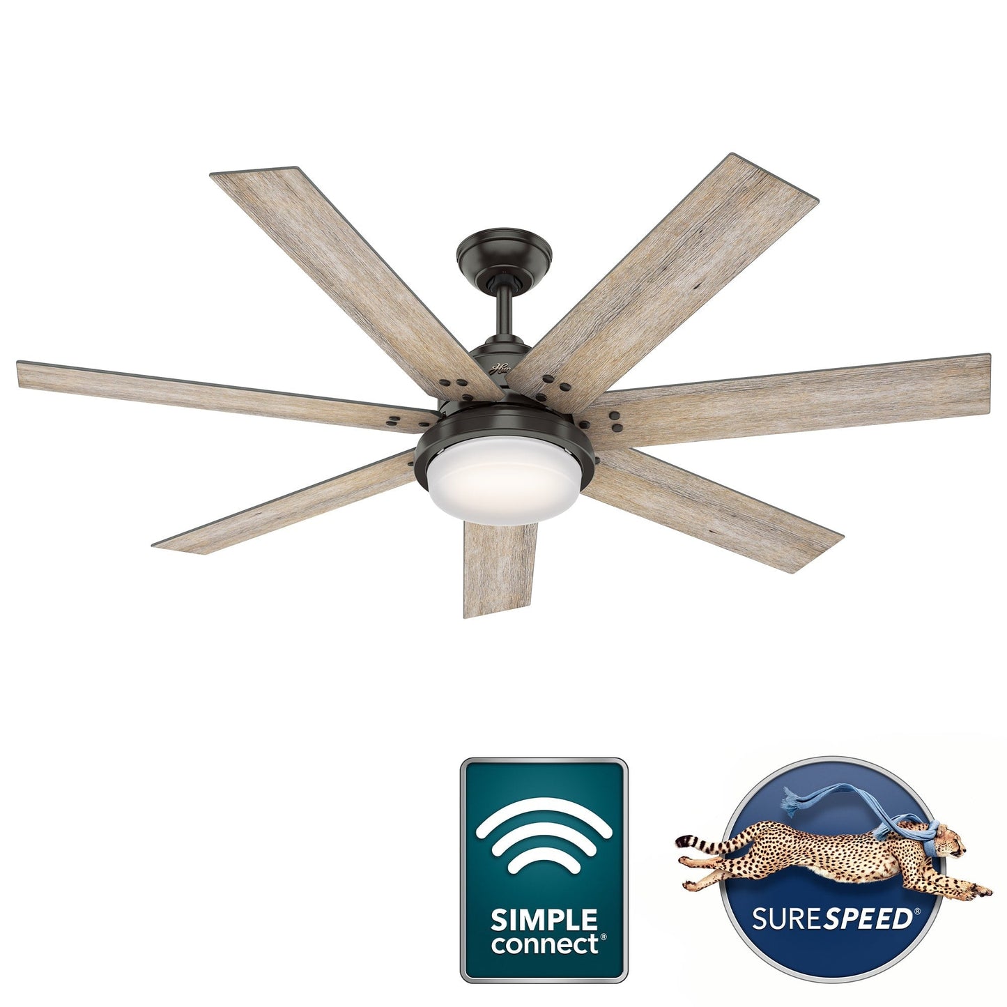Ventilateur de plafond Hunter WiFi Whittington avec éclairage LED, télécommande - Style moulin à vent - Industriel, ferme, rustique - VENTILATEUR INTELLIGENT !