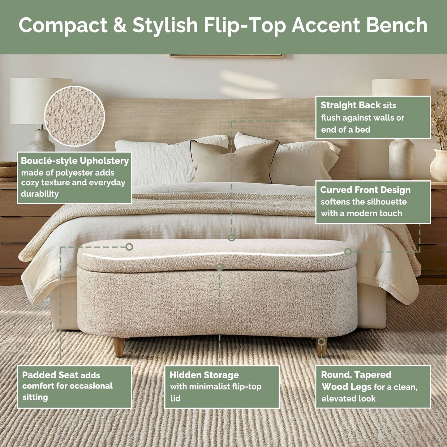 Banc de rangement incurvé à style bouclé Bailey d'INK IVY