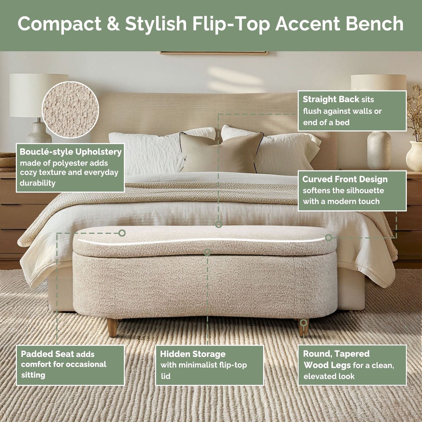 Banc de rangement incurvé à style bouclé Bailey d'INK IVY