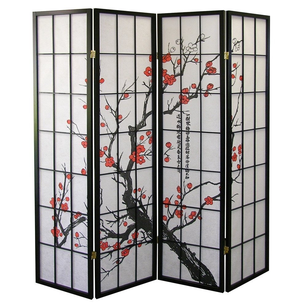 Paravent japonais à 4 panneaux pour séparer les pièces, motif fleur de prunier, de Roundhill Furniture