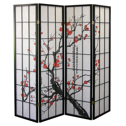 Paravent japonais à 4 panneaux pour séparer les pièces, motif fleur de prunier, de Roundhill Furniture
