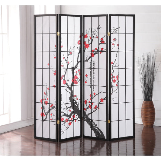 Paravent japonais à 4 panneaux pour séparer les pièces, motif fleur de prunier, de Roundhill Furniture