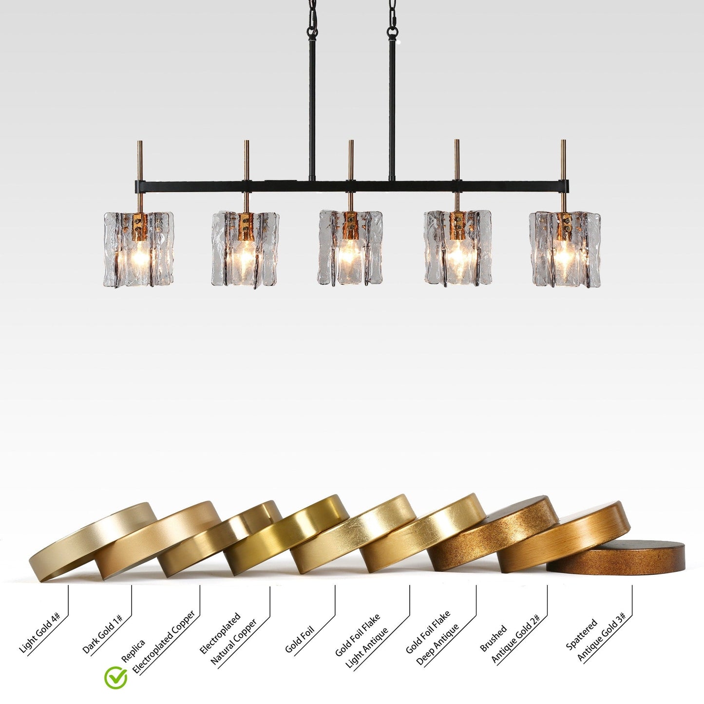 Luminaire suspendu linéaire moderne Kasy à 5 lumières, verre texturé, design unique, idéal pour îlot de cuisine.