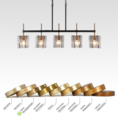 Luminaire suspendu linéaire moderne Kasy à 5 lumières, verre texturé, design unique, idéal pour îlot de cuisine.