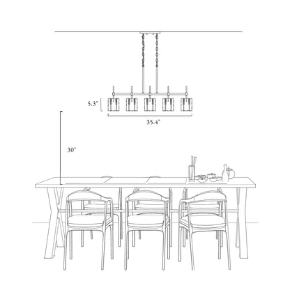 Luminaire suspendu linéaire moderne Kasy à 5 lumières, verre texturé, design unique, idéal pour îlot de cuisine.