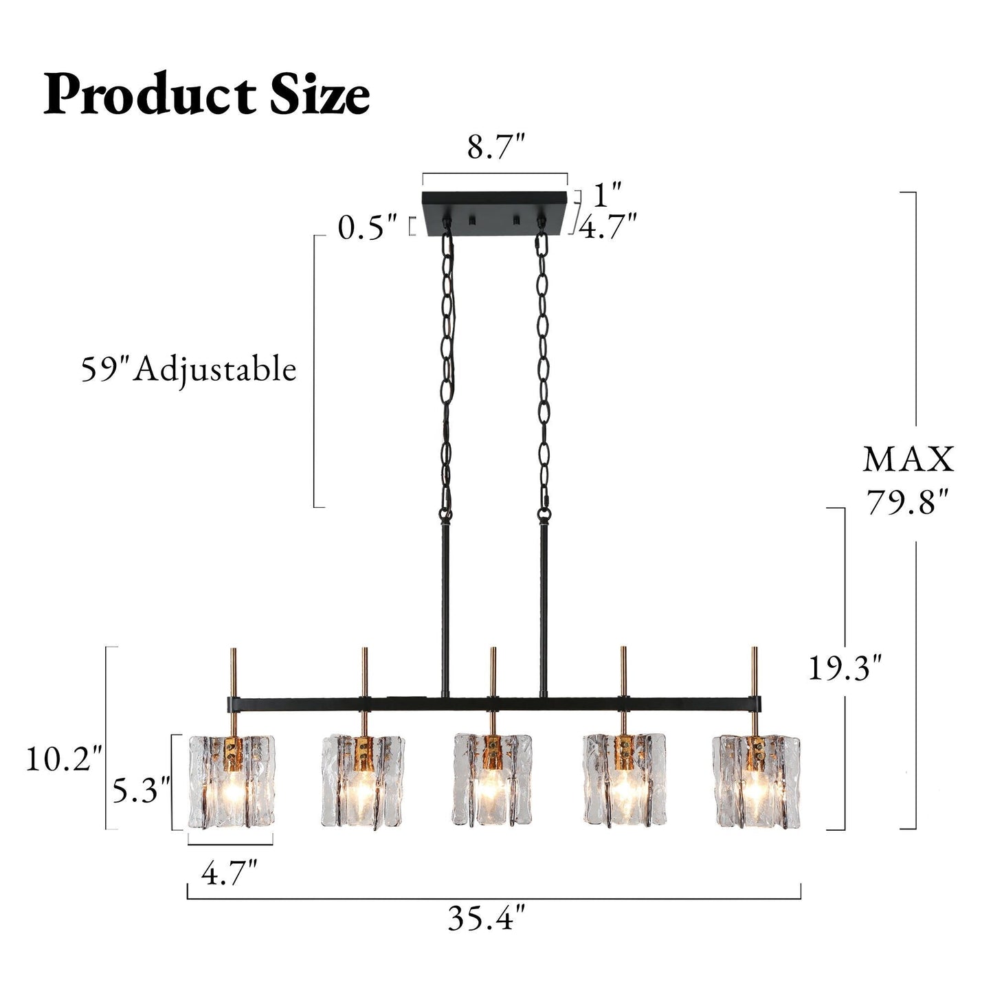 Luminaire suspendu linéaire moderne Kasy à 5 lumières, verre texturé, design unique, idéal pour îlot de cuisine.