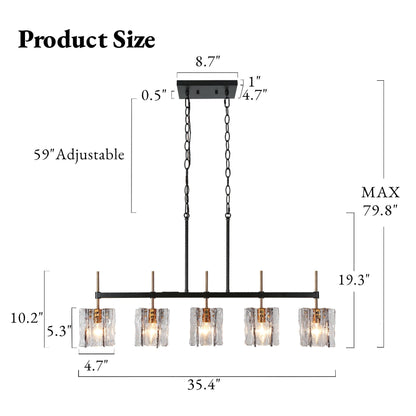 Luminaire suspendu linéaire moderne Kasy à 5 lumières, verre texturé, design unique, idéal pour îlot de cuisine.