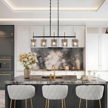 Luminaire suspendu linéaire moderne Kasy à 5 lumières, verre texturé, design unique, idéal pour îlot de cuisine.