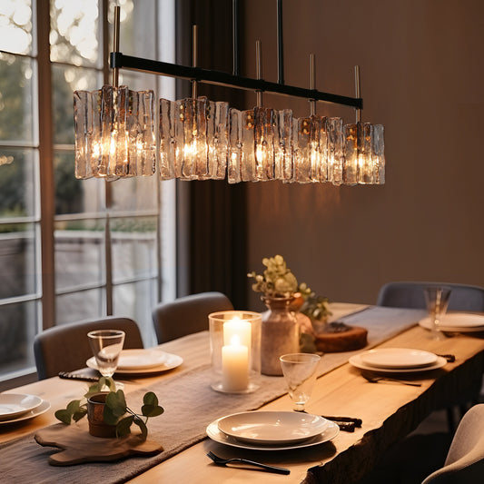 Luminaire suspendu linéaire moderne Kasy à 5 lumières, verre texturé, design unique, idéal pour îlot de cuisine.