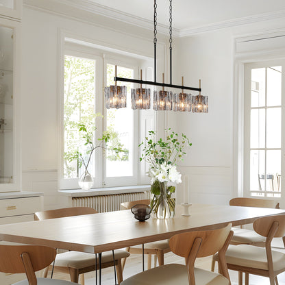 Luminaire suspendu linéaire moderne Kasy à 5 lumières, verre texturé, design unique, idéal pour îlot de cuisine.