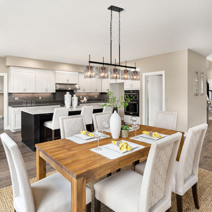 Luminaire suspendu linéaire moderne Kasy à 5 lumières, verre texturé, design unique, idéal pour îlot de cuisine.