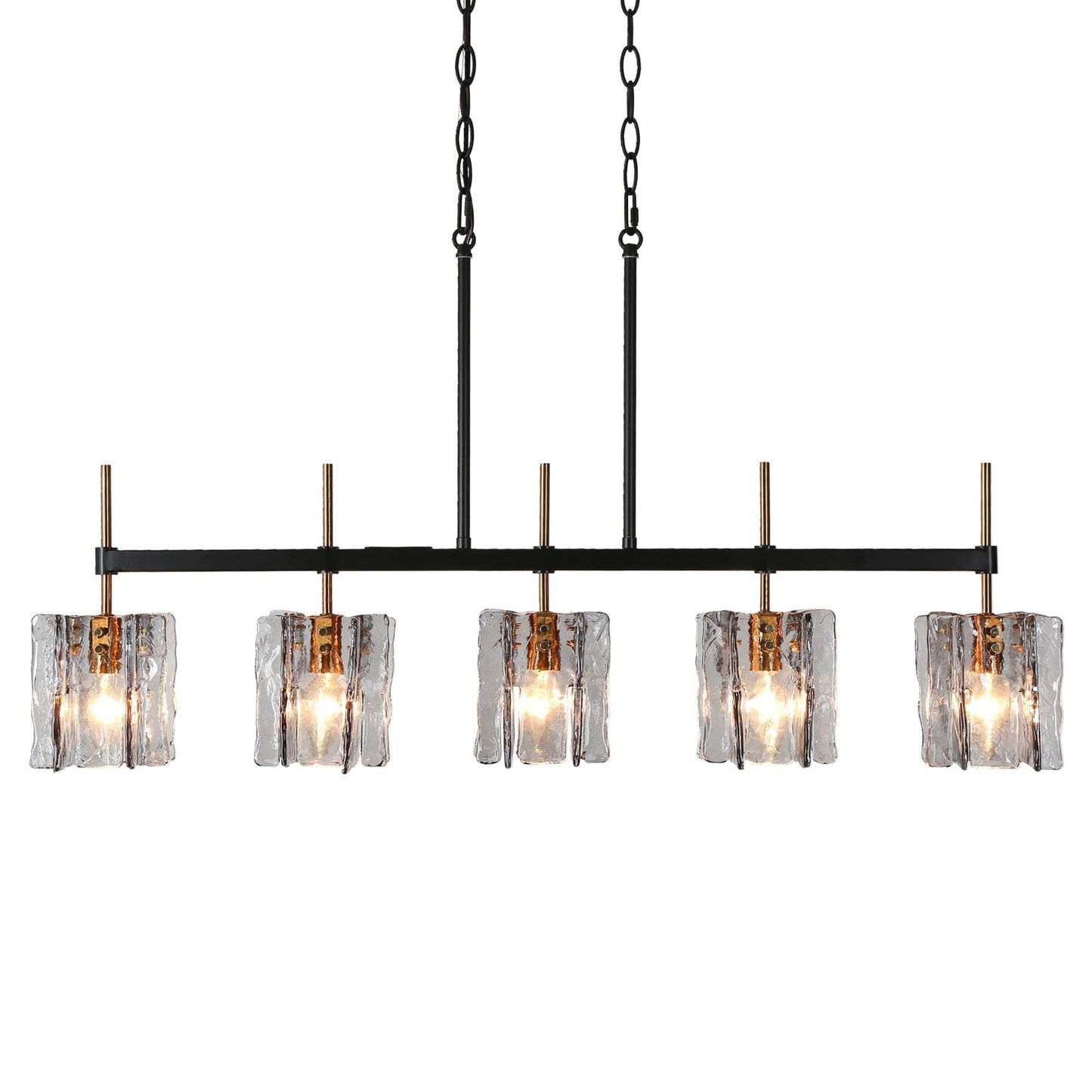 Luminaire suspendu linéaire moderne Kasy à 5 lumières, verre texturé, design unique, idéal pour îlot de cuisine.