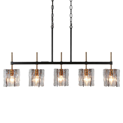 Luminaire suspendu linéaire moderne Kasy à 5 lumières, verre texturé, design unique, idéal pour îlot de cuisine.