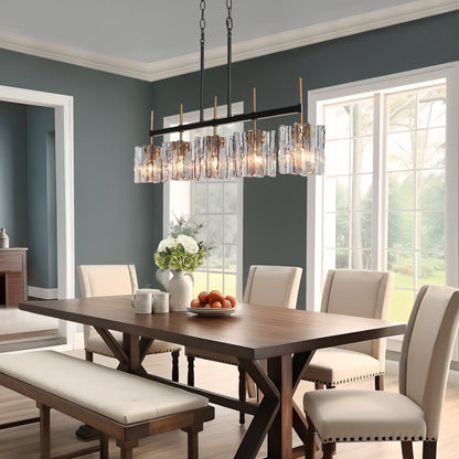 Luminaire suspendu linéaire moderne Kasy à 5 lumières, verre texturé, design unique, idéal pour îlot de cuisine.