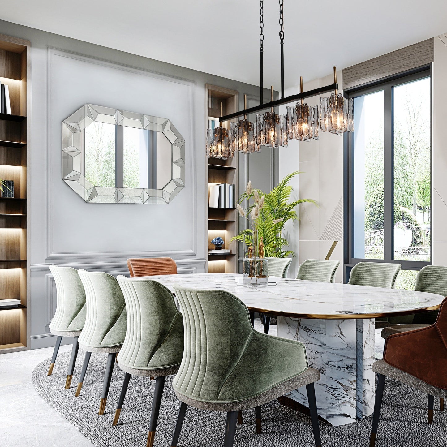 Luminaire suspendu linéaire moderne Kasy à 5 lumières, verre texturé, design unique, idéal pour îlot de cuisine.