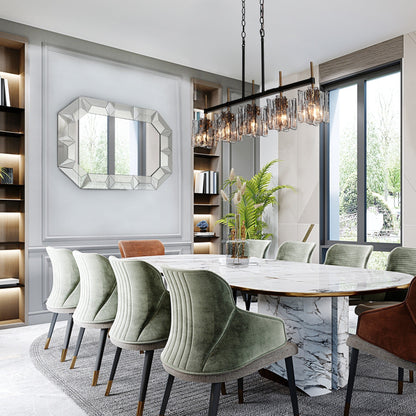 Luminaire suspendu linéaire moderne Kasy à 5 lumières, verre texturé, design unique, idéal pour îlot de cuisine.
