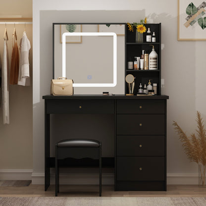 Ensemble de coiffeuse Kerrogee avec miroir éclairé réglable et tabouret - 99,9L x 49,9l x 136,1H (cm)