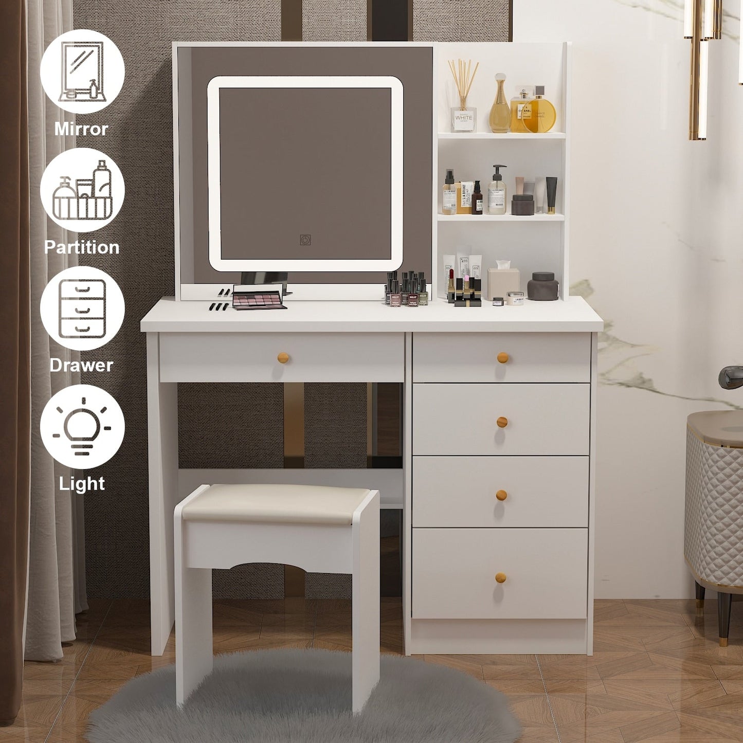 Ensemble de coiffeuse Kerrogee avec miroir éclairé réglable et tabouret - 99,9L x 49,9l x 136,1H (cm)