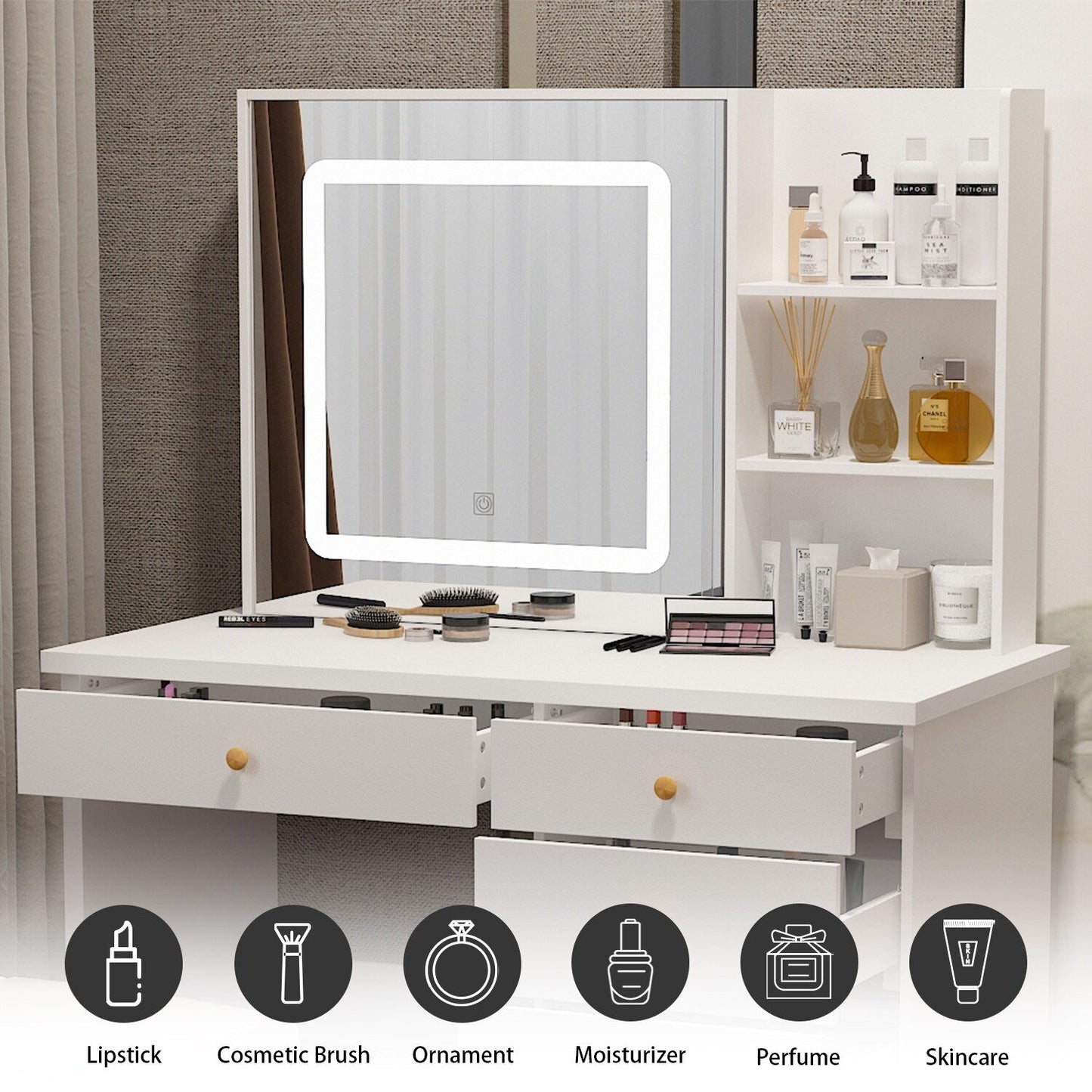 Ensemble de coiffeuse Kerrogee avec miroir éclairé réglable et tabouret - 99,9L x 49,9l x 136,1H (cm)