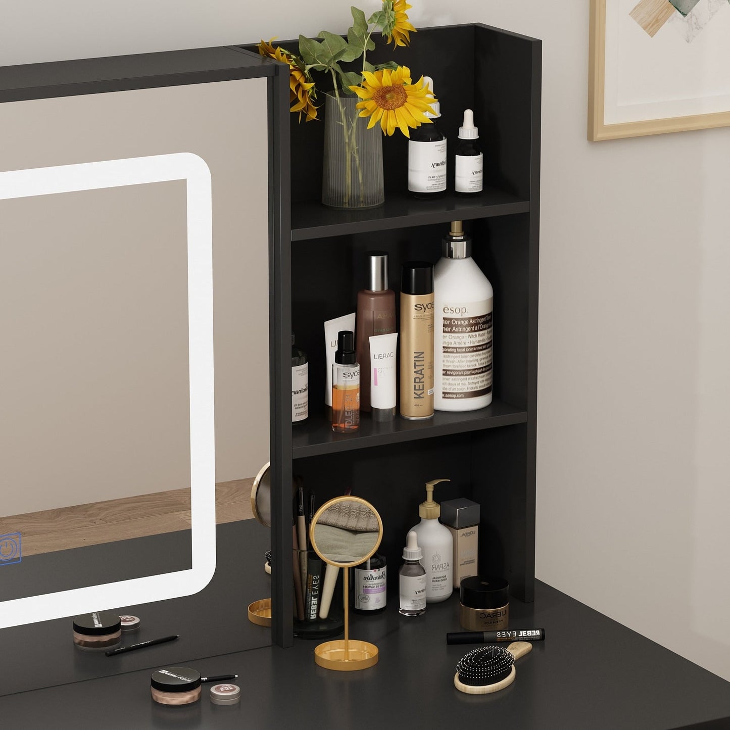 Ensemble de coiffeuse Kerrogee avec miroir éclairé réglable et tabouret - 99,9L x 49,9l x 136,1H (cm)