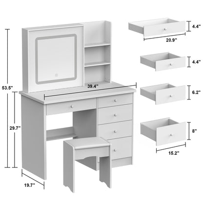 Ensemble de coiffeuse Kerrogee avec miroir éclairé réglable et tabouret - 99,9L x 49,9l x 136,1H (cm)