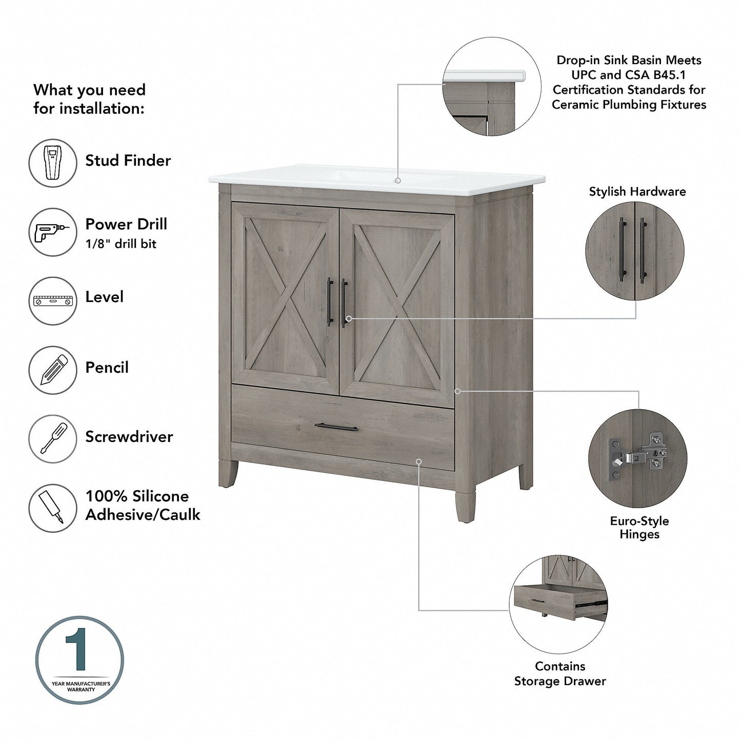Meuble-lavabo de salle de bain Key West 32W avec lavabo de Bush Furniture