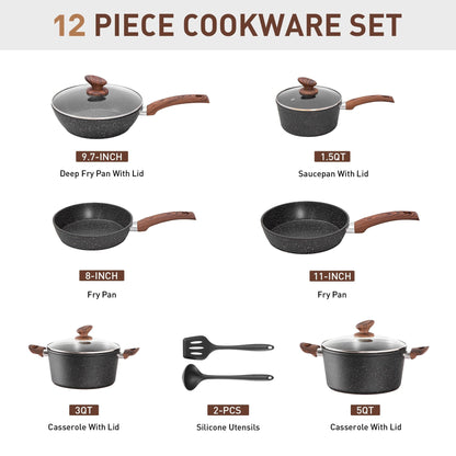 Ensemble de casseroles et poêles antiadhésives, 12 pièces, ensemble de cuisson en granit.