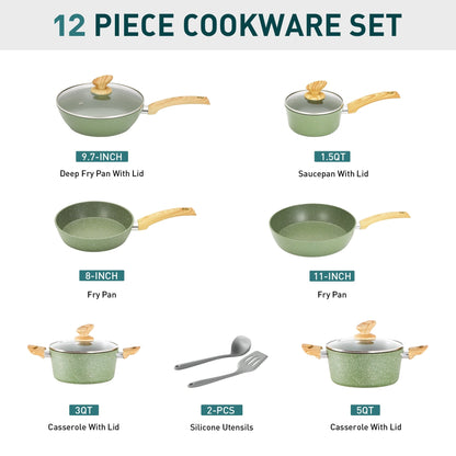 Ensemble de casseroles et poêles antiadhésives, 12 pièces, ensemble de cuisson en granit.
