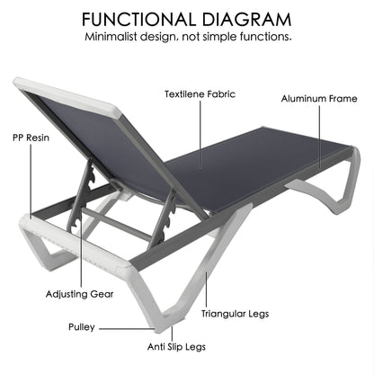 Chaise longue de jardin inclinable et réglable Kozyard Alan, entièrement en aluminium et pieds en résine de polypropylène.