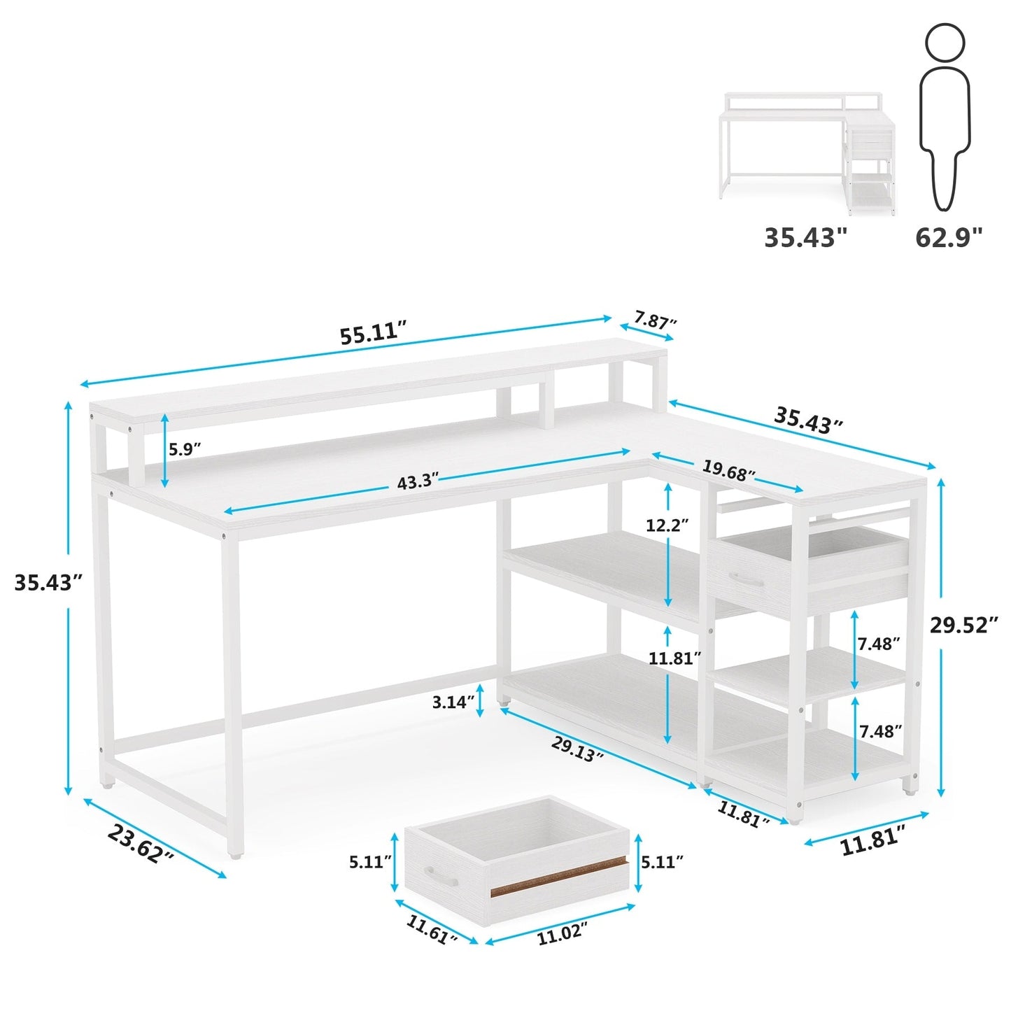 Bureau en forme de L avec tiroir, bureau d'angle pour la maison avec étagères de rangement et support pour écran, bureau d'ordinateur rustique pour petit espace.