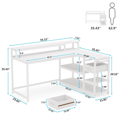 Bureau en forme de L avec tiroir, bureau d'angle pour la maison avec étagères de rangement et support pour écran, bureau d'ordinateur rustique pour petit espace.