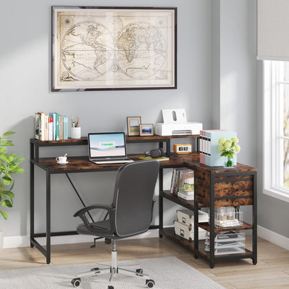Bureau en forme de L avec tiroir, bureau d'angle pour la maison avec étagères de rangement et support pour écran, bureau d'ordinateur rustique pour petit espace.