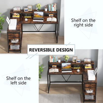 Bureau en forme de L avec tiroir, bureau d'angle pour la maison avec étagères de rangement et support pour écran, bureau d'ordinateur rustique pour petit espace.