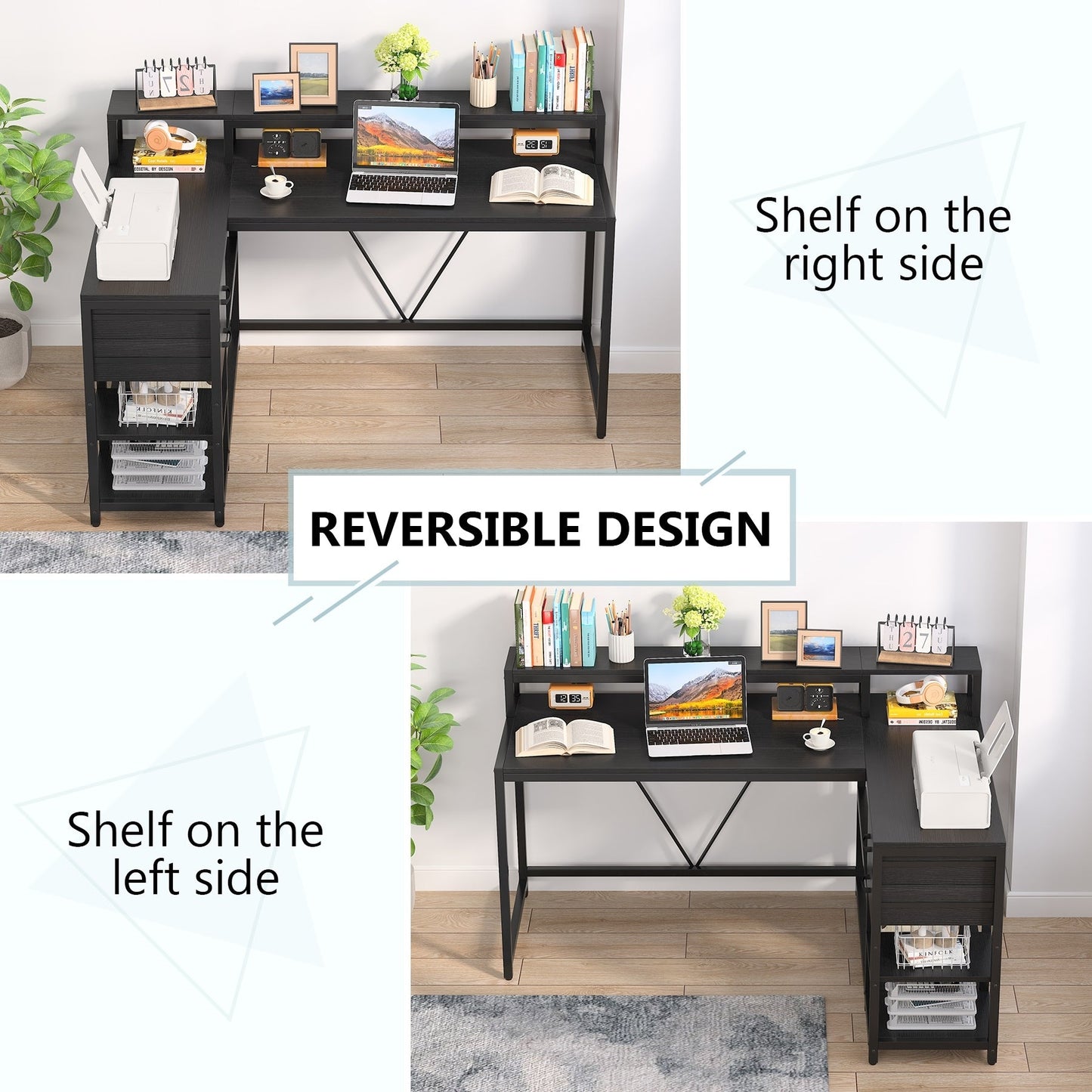 Bureau en forme de L avec tiroir, bureau d'angle pour la maison avec étagères de rangement et support pour écran, bureau d'ordinateur rustique pour petit espace.