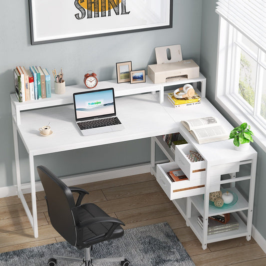 Bureau en forme de L avec tiroir, bureau d'angle pour la maison avec étagères de rangement et support pour écran, bureau d'ordinateur rustique pour petit espace.