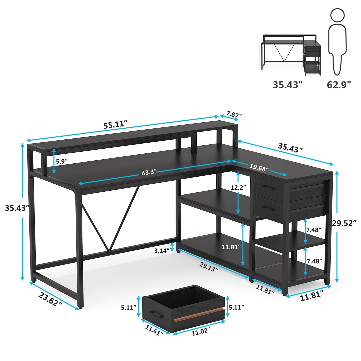 Bureau en forme de L avec tiroir, bureau d'angle pour la maison avec étagères de rangement et support pour écran, bureau d'ordinateur rustique pour petit espace.