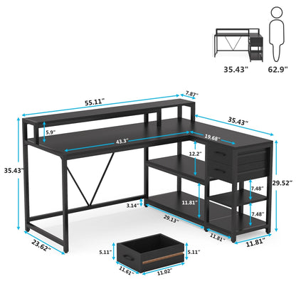 Bureau en forme de L avec tiroir, bureau d'angle pour la maison avec étagères de rangement et support pour écran, bureau d'ordinateur rustique pour petit espace.