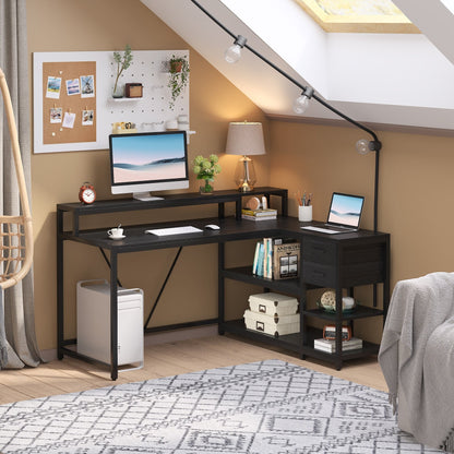Bureau en forme de L avec tiroir, bureau d'angle pour la maison avec étagères de rangement et support pour écran, bureau d'ordinateur rustique pour petit espace.