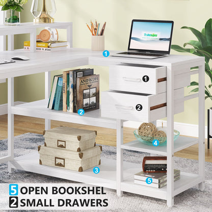 Bureau en forme de L avec tiroir, bureau d'angle pour la maison avec étagères de rangement et support pour écran, bureau d'ordinateur rustique pour petit espace.